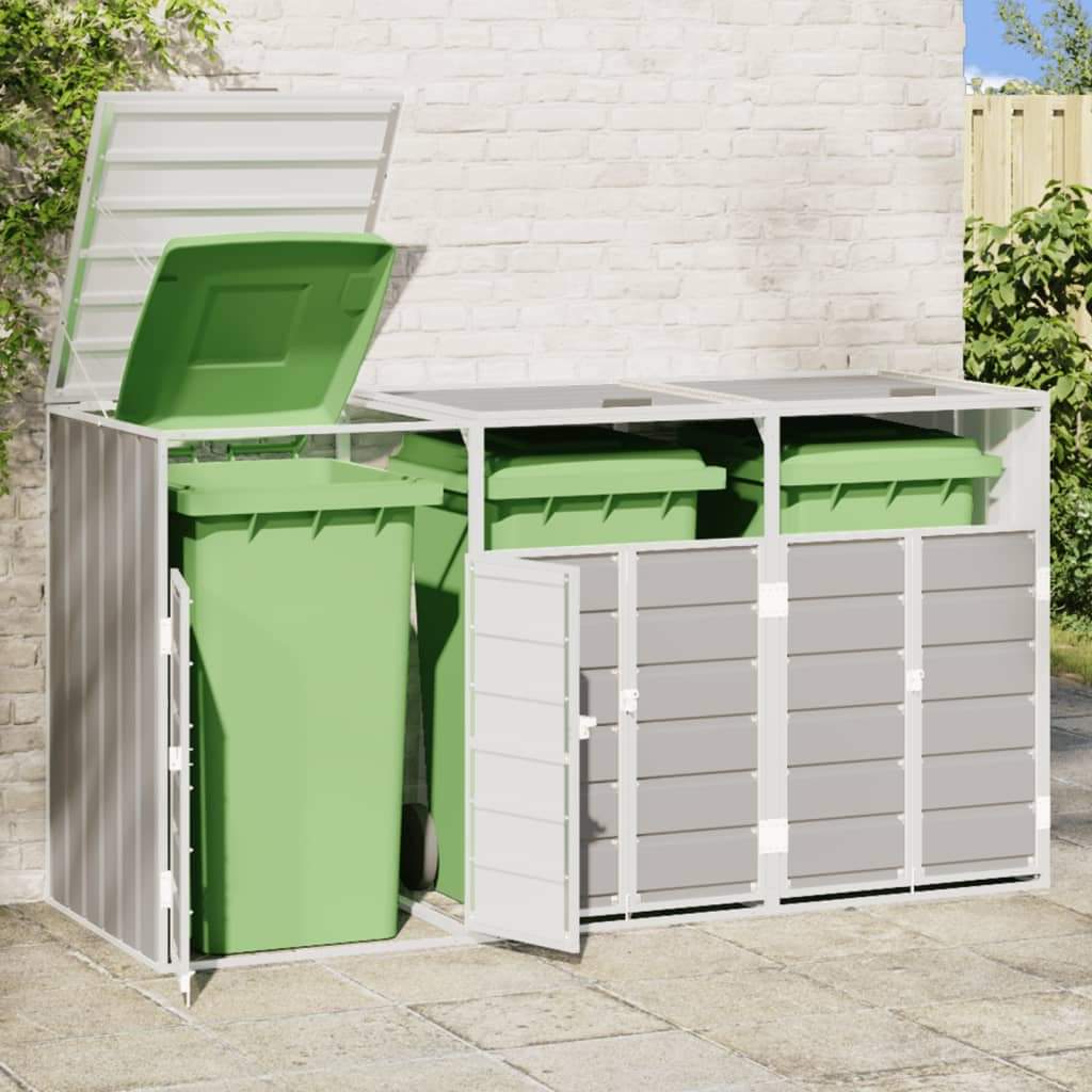 Grey steel triple wheelie bin storage with open front holding three green wheelie bins