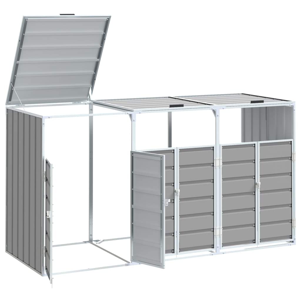 Grey steel triple wheelie bin storage with open side door and hinged top panel