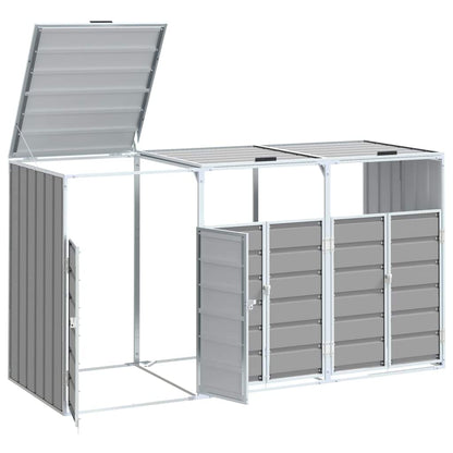 Grey steel triple wheelie bin storage with open side door and hinged top panel
