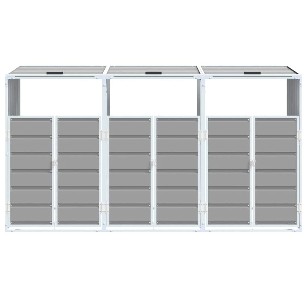 Grey steel triple wheelie bin storage with three front doors and grey slatted panels