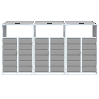 Grey steel triple wheelie bin storage with three front doors and grey slatted panels