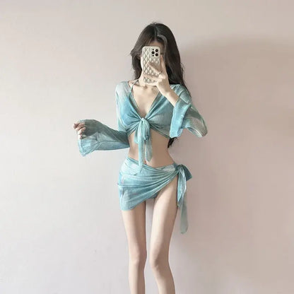 Blue ribbed two-piece swimsuit set with tie-front cover-up top and wrap mini skirt