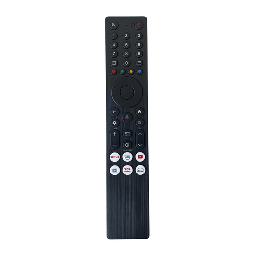 Black TCL IR replacement remote control, front view with number pad and shortcut buttons