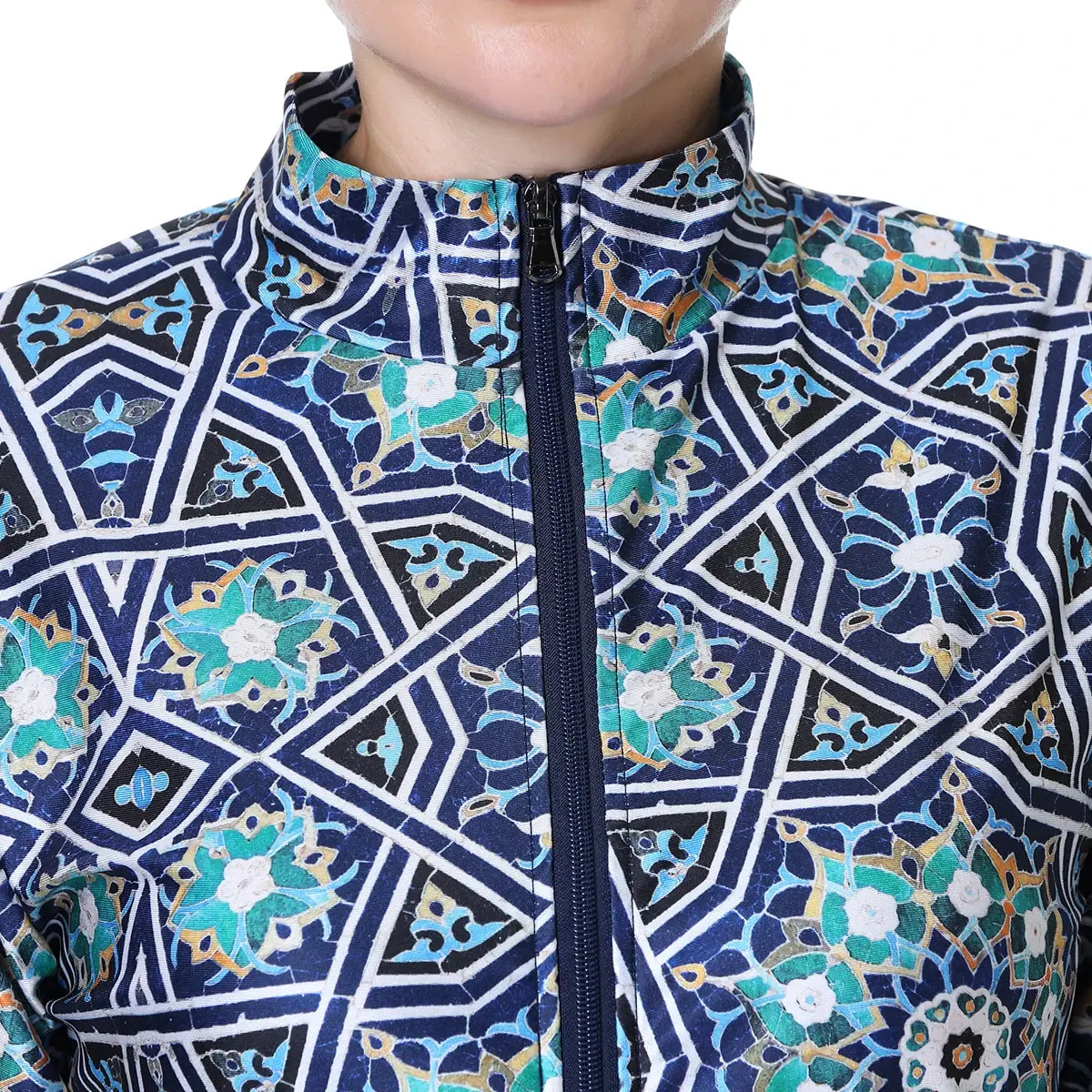 Close-up of patterned swim cover-up collar and full-zip front with floral geometric print