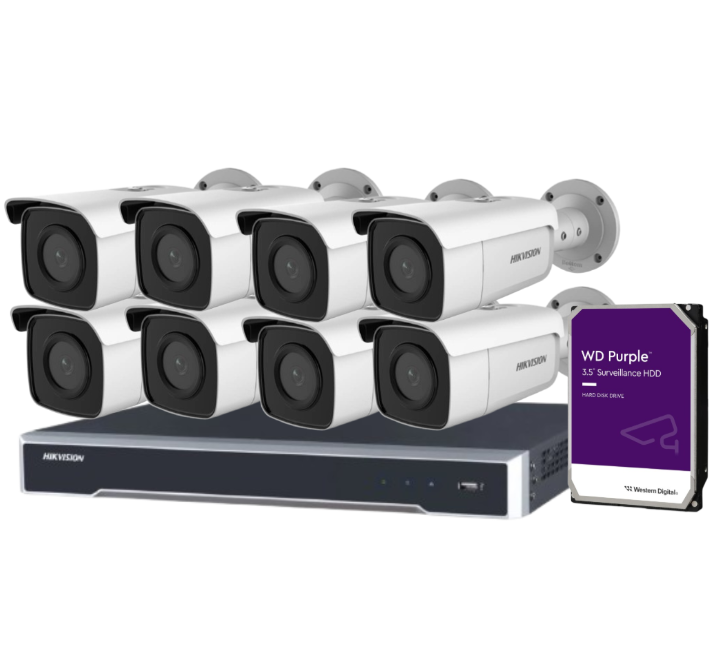 Hikvision 8MP CCTV Kit with 8 DS-2CD2T86G2-2I/4I IR Bullet Cameras + 8-Channel PoE NVR DS-7608NI-M2/8P + HDD – 8K Output, AcuSense AI, DarkFighter, IP67 Rated