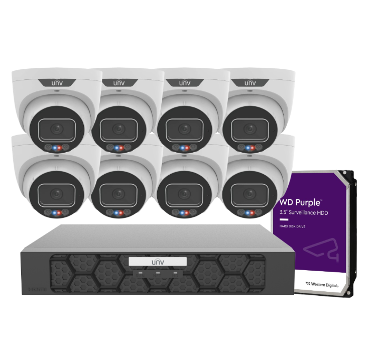 Uniview 8 MP Triguard CCTV Kit – 8× IPC3638SS‑ADF28KMC‑I1 Cameras + NVR501‑08B‑P8‑IQ 8‑Channel 4K PoE Recorder with HDD