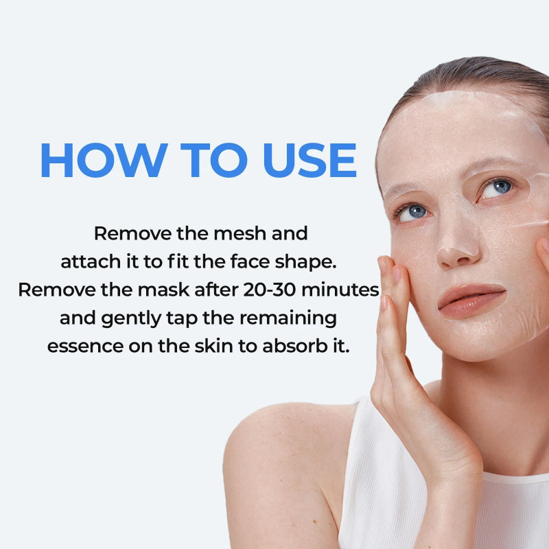 Cooling sheet mask applied on face; person smooths the sheet with hands