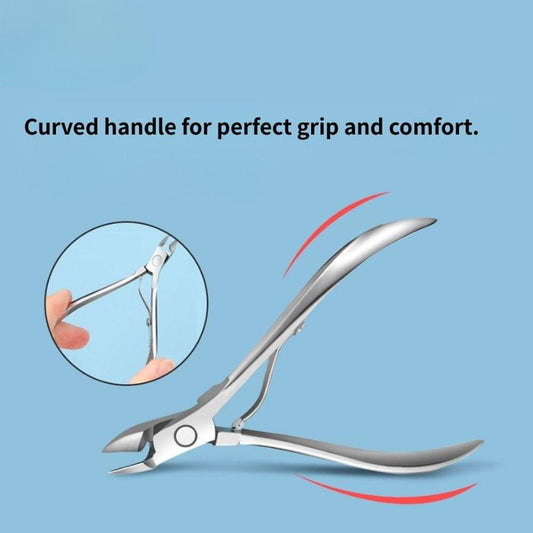 Stainless steel cuticle nipper with angled jaws and ring handle for grip
