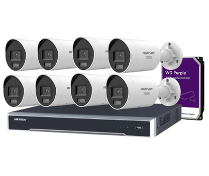 Hikvision 8-Channel 8MP CCTV Kit with DS-2CD2087G3-LI2UY/S(L)(RB) Smart Hybrid Light Bullet Cameras + DS-7608NI-M2/8P 8K NVR + HDD – Full-Color Night Vision, AI Analytics, and PoE