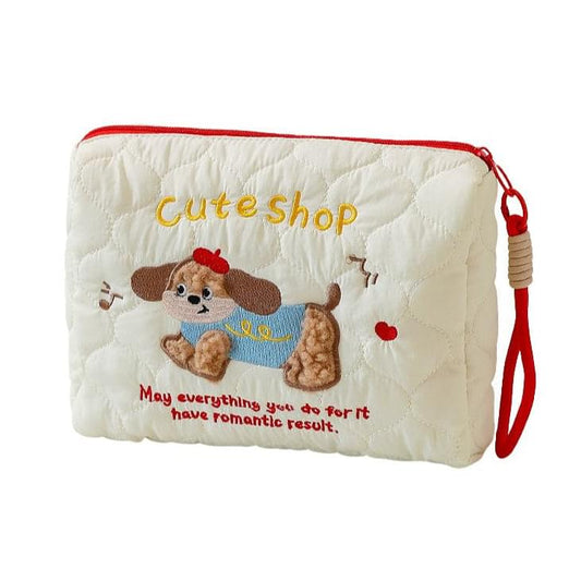 White quilted pouch with red zipper and puppy graphic with hearts and message text