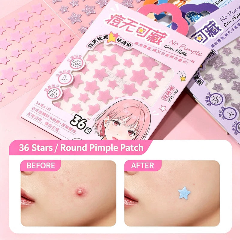 Star pimple patch stickers with before-and-after area showing a small star-shaped patch
