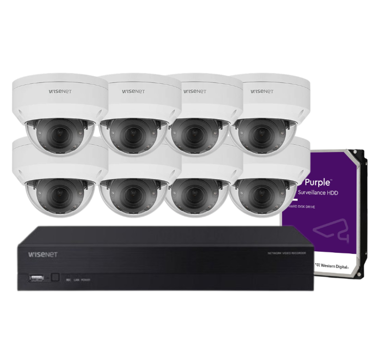 Hanwha Wisenet 8‑Camera CCTV Kit – CT‑ANV‑L7082R 4 MP Dome + CT‑ARN‑810S 8‑Ch 8 MP AI NVR with HDD – Outdoor Vandal‑Resistant, H.265, PoE+