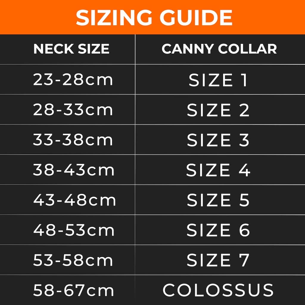 Dog collar sizing guide chart for Canny Collar, showing neck-size ranges and sizes