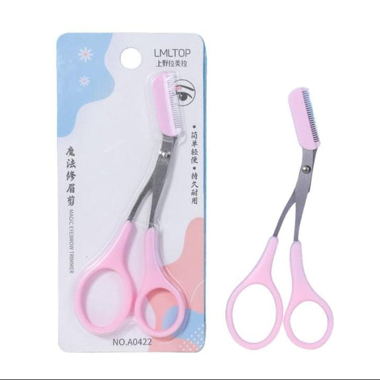 Eyebrow trimmer scissors with pink comb, metal blades and two finger loops