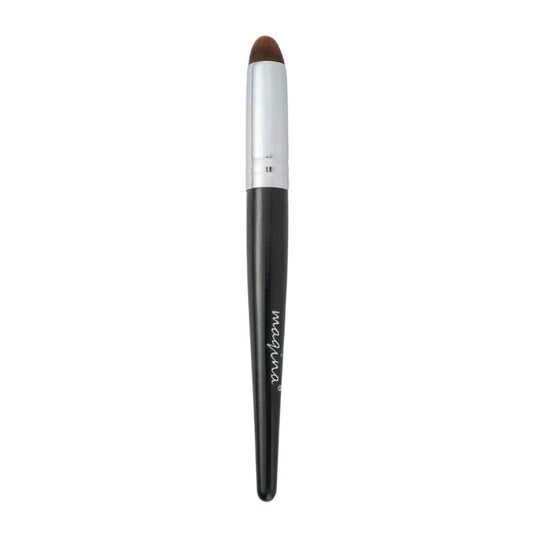Bullet concealer brush with brown tip, white top, and black handle