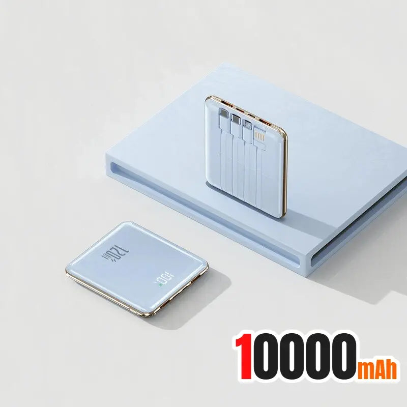 White mini power bank with built-in cable ports, 1000 mAh capacity