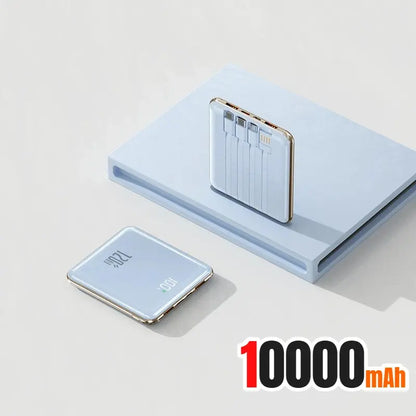 White mini power bank with built-in cable ports, 1000 mAh capacity