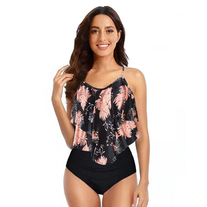 Women’s black floral ruffle tankini top with black high-waist bikini bottoms