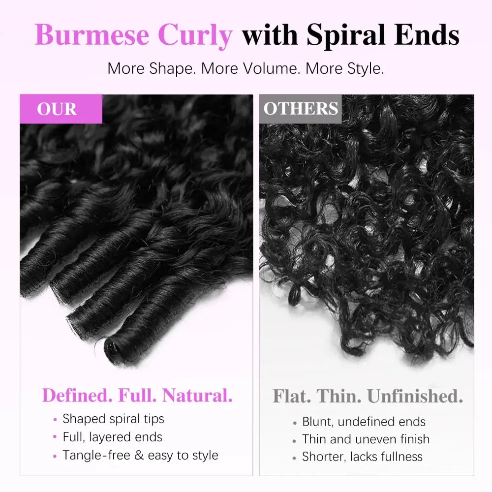 Human hair bundle with defined spiral ends, thick curls, and natural full shape