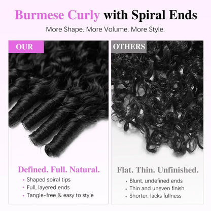 Human hair bundle with defined spiral ends, thick curls, and natural full shape