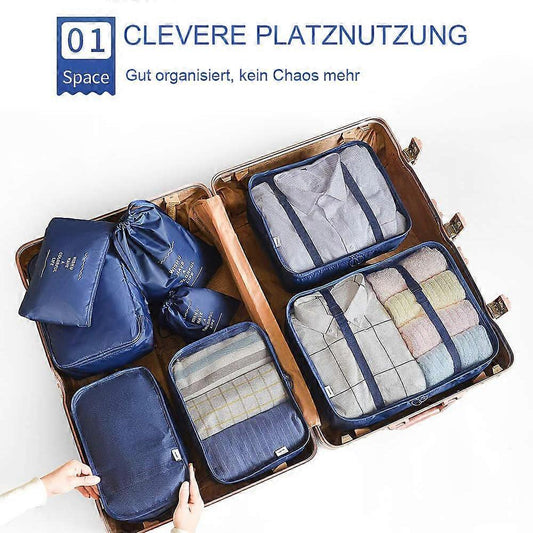 Blue packing cubes and pouches with mesh compartments inside an open suitcase