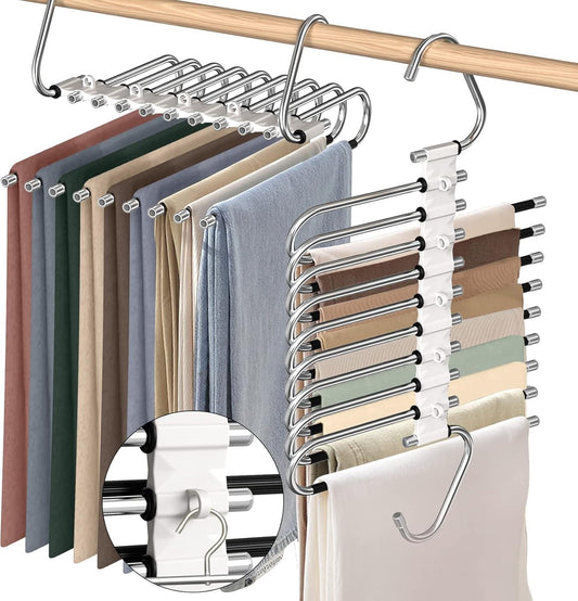 9-layer stainless steel pants hanger rack with curved hooks and hanging clips