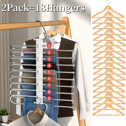 9 Layers Pants Hangers Space Saving, 2 Pack Multifunctional Pant Rack Stainless Steel Closet Organizer for Pants Jeans Leggings Troers, Antiquewhite