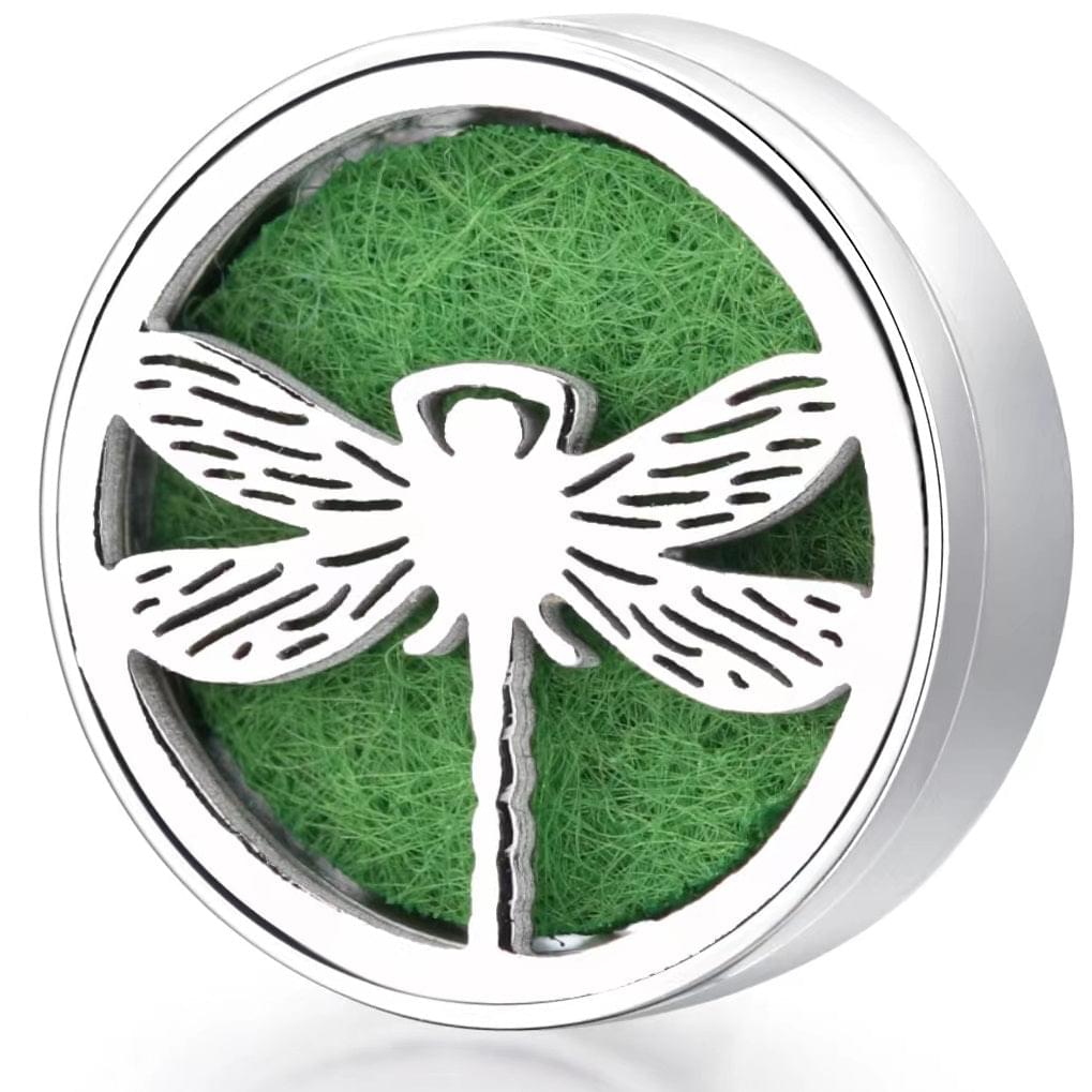 Round wearable diffuser locket with green felt insert and white winged charm design
