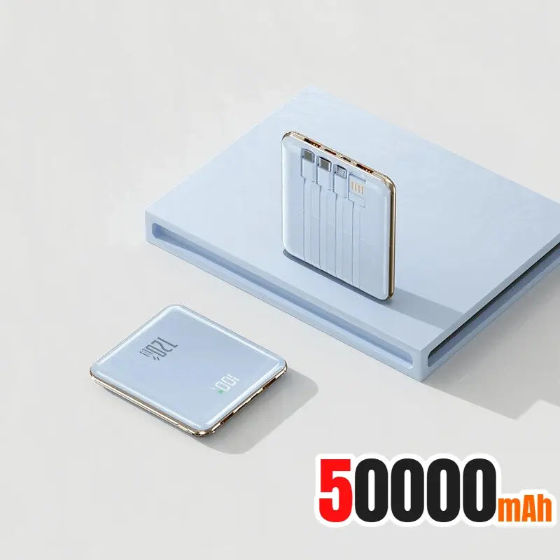 White mini power bank with built-in cable ports, 50000 mAh