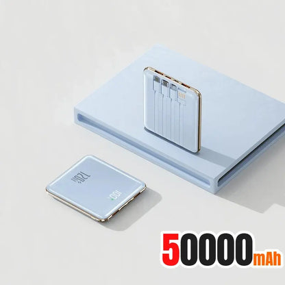 White mini power bank with built-in cable ports, 50000 mAh