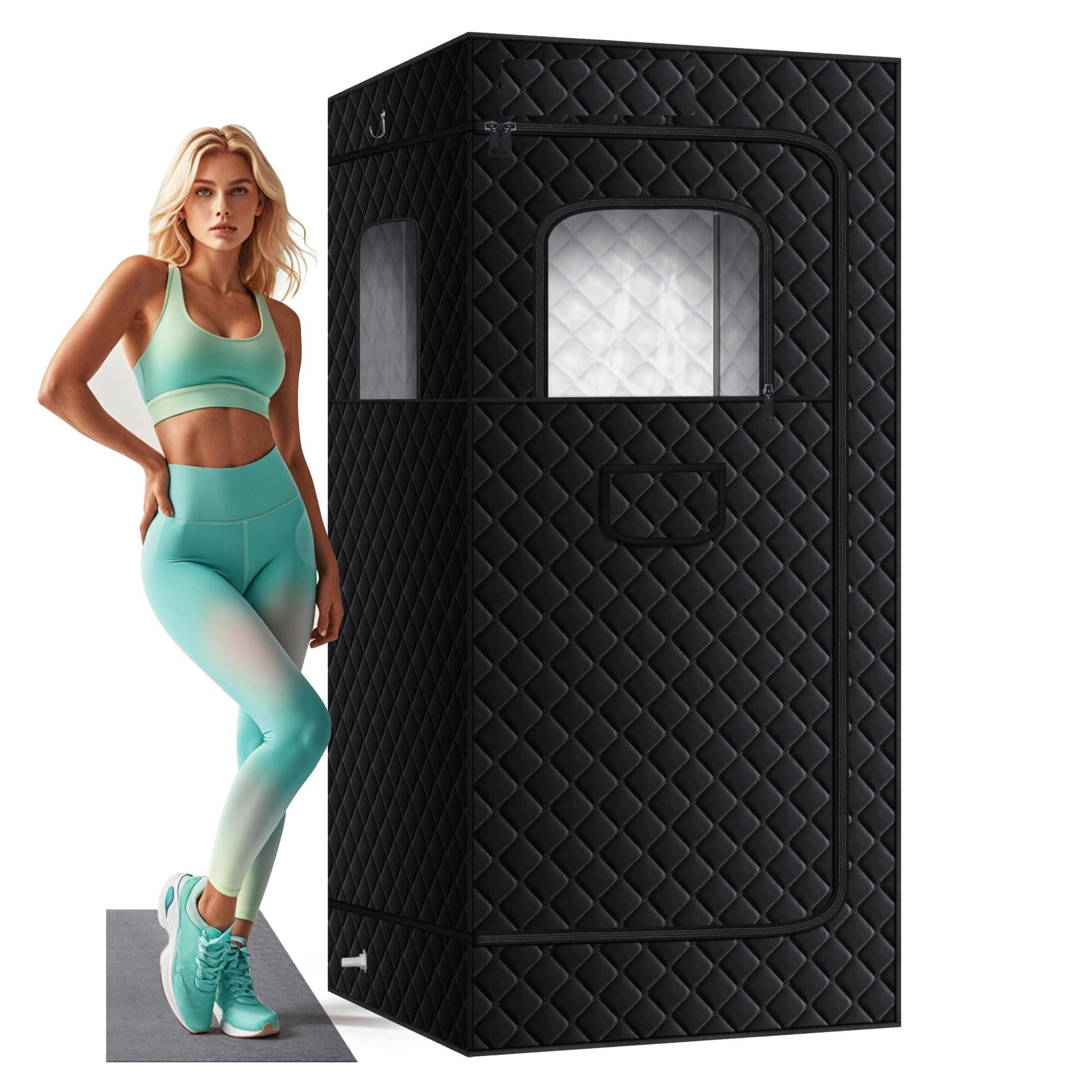 Black quilted full-body sauna tent with arched door window and side opening panel