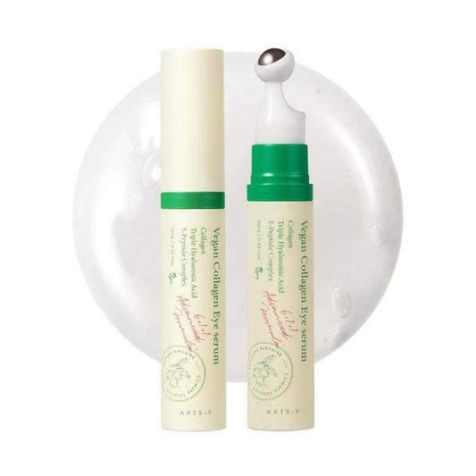 Vegan collagen eye serum bottles with CoolTouch applicator, green caps and white labels