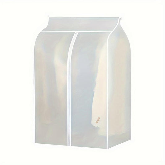 Clear white clothes dust cover with zip and door-style front panel for garments