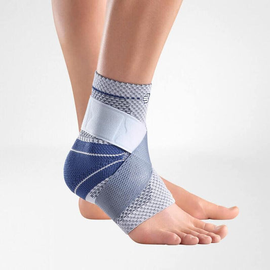 Right ankle support sleeve with gray-and-blue knit straps and cushioned panel