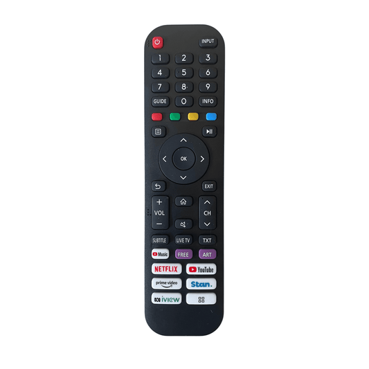 Black TV remote control with directional pad, OK button, and service shortcuts