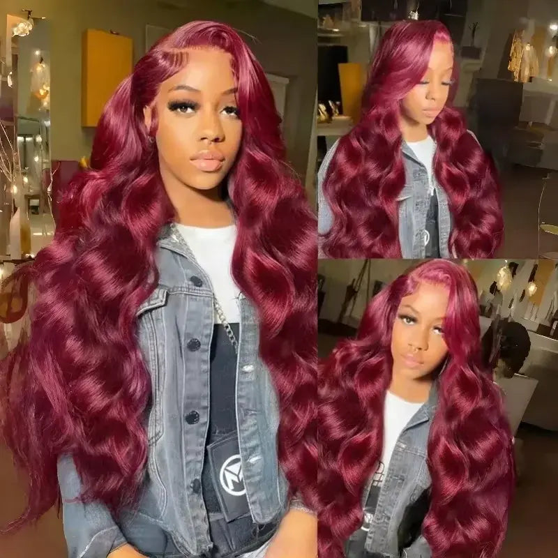 Burgundy body wave lace-front wig with long loose curls and full volume