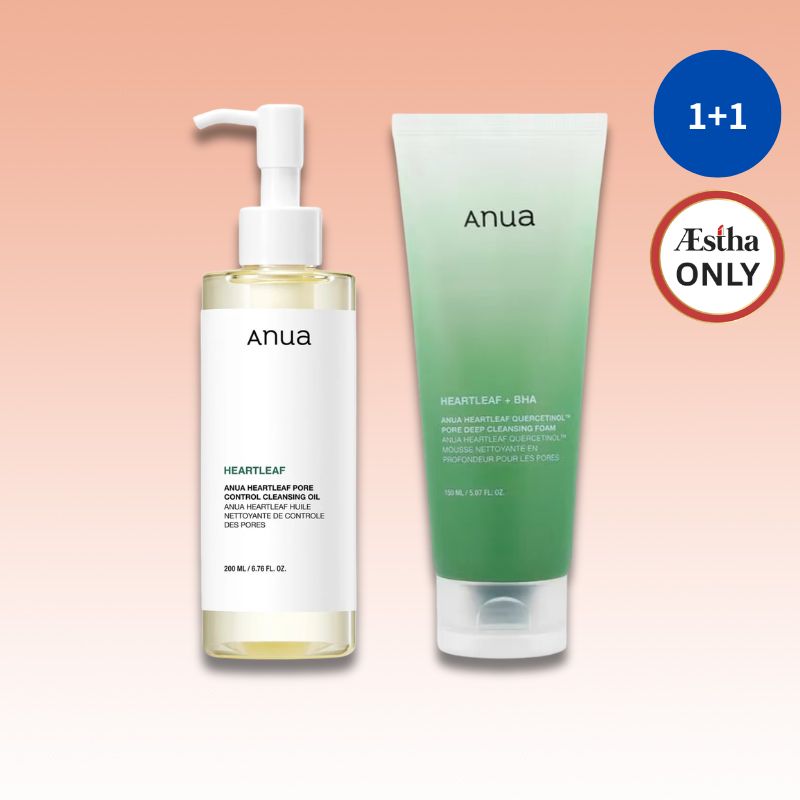 ANUA double cleansing duo set: Heartleaf oil bottle and green Heartleaf foam tube