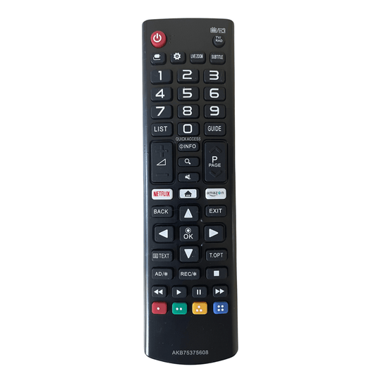 Black TV remote control with vertical button layout and streaming shortcut keys