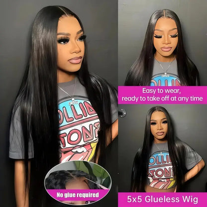 Black straight lace front human hair wig with natural hairline, close-up view