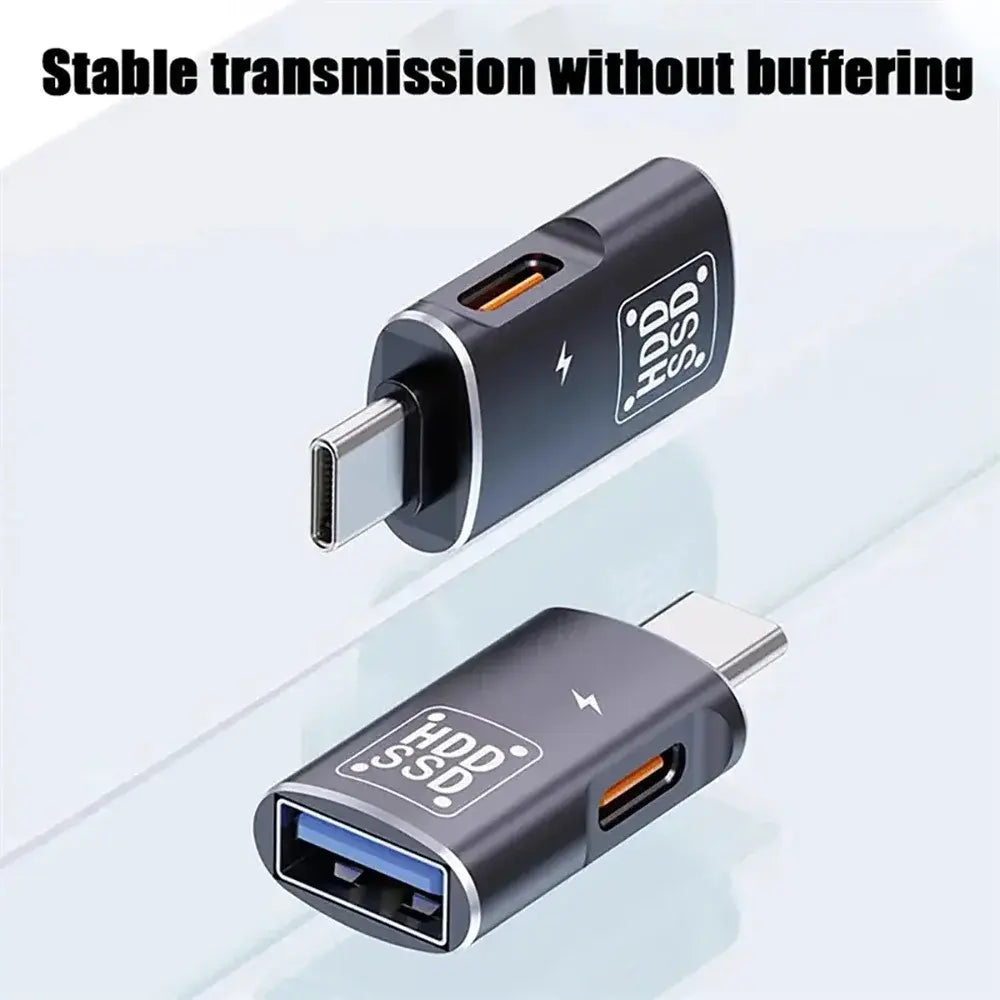 Black USB-C OTG adapter with two orange ports and USB-C plug