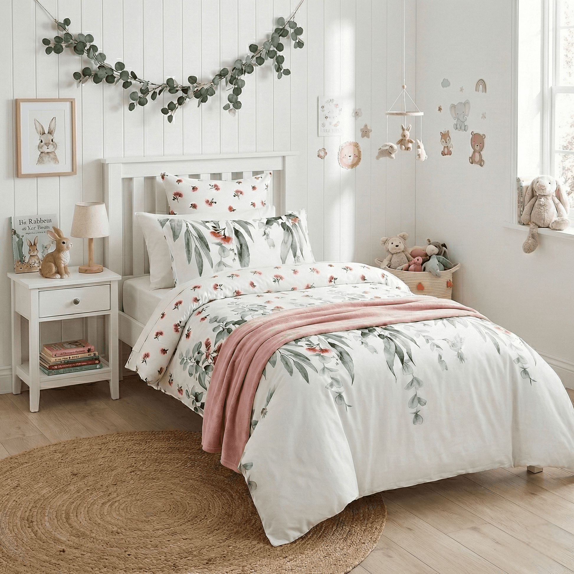 Kids reversible quilt cover set, white bird-and-flower print with green leaf accents