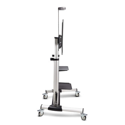 Silver rolling TV cart with side shelf, tall mount posts, and four caster wheels