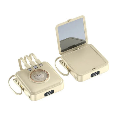 Cream mini power bank with open mirror, pet cartoon emblem, and multi-connector cable ends