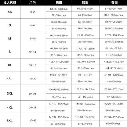 One-piece swimsuit size chart with bust, waist, and hip measurements by size