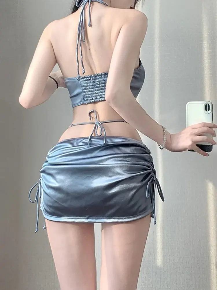Women’s silver satin bikini set, smocked back bra and ruched mini skirt with ties