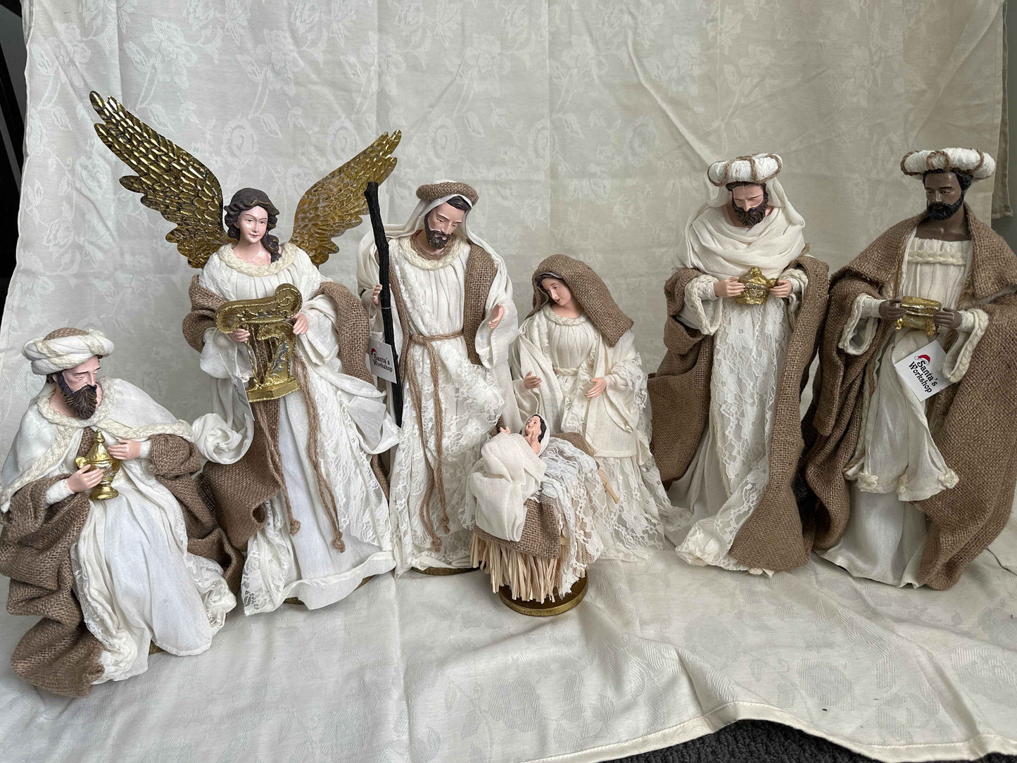 ⭐ Christmas Religious Handmade Nativity Set – Beige & White Holy Family (15.5"), Three Kings (16") & 45cm Angel, Christian Christmas Decor ⭐