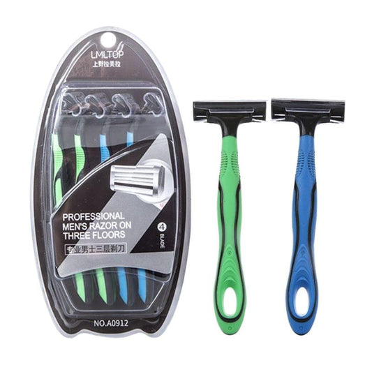 3-blade men's razors with green and blue handles in clear blister pack