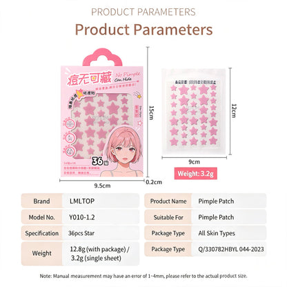 Product parameter chart for 36-count star pimple patches with package size and weight info