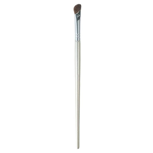 Angled makeup brush with silver handle and soft brown bristles