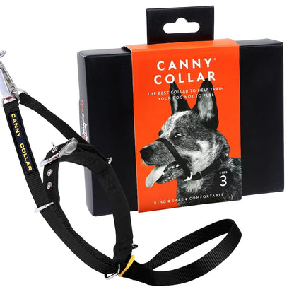 Black webbing dog training nose loop collar shown with retail packaging box